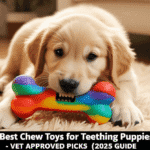 Golden retriever puppy chewing a rubber toy on a couch