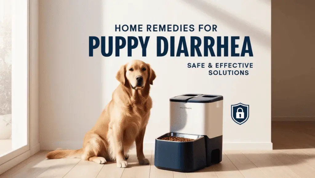 Golden Retriever with automatic pet feeder and safety guide title about leaving dogs alone with feeders."