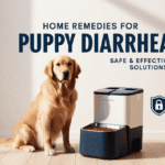 Golden Retriever with automatic pet feeder and safety guide title about leaving dogs alone with feeders."