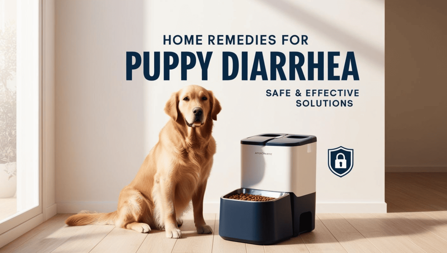 Golden Retriever with automatic pet feeder and safety guide title about leaving dogs alone with feeders."