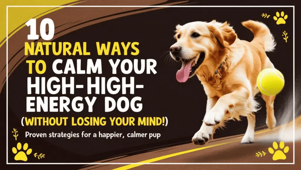 "Featured blog image: Energetic dog playing outdoors with bold title about calming high-energy dogs naturally.